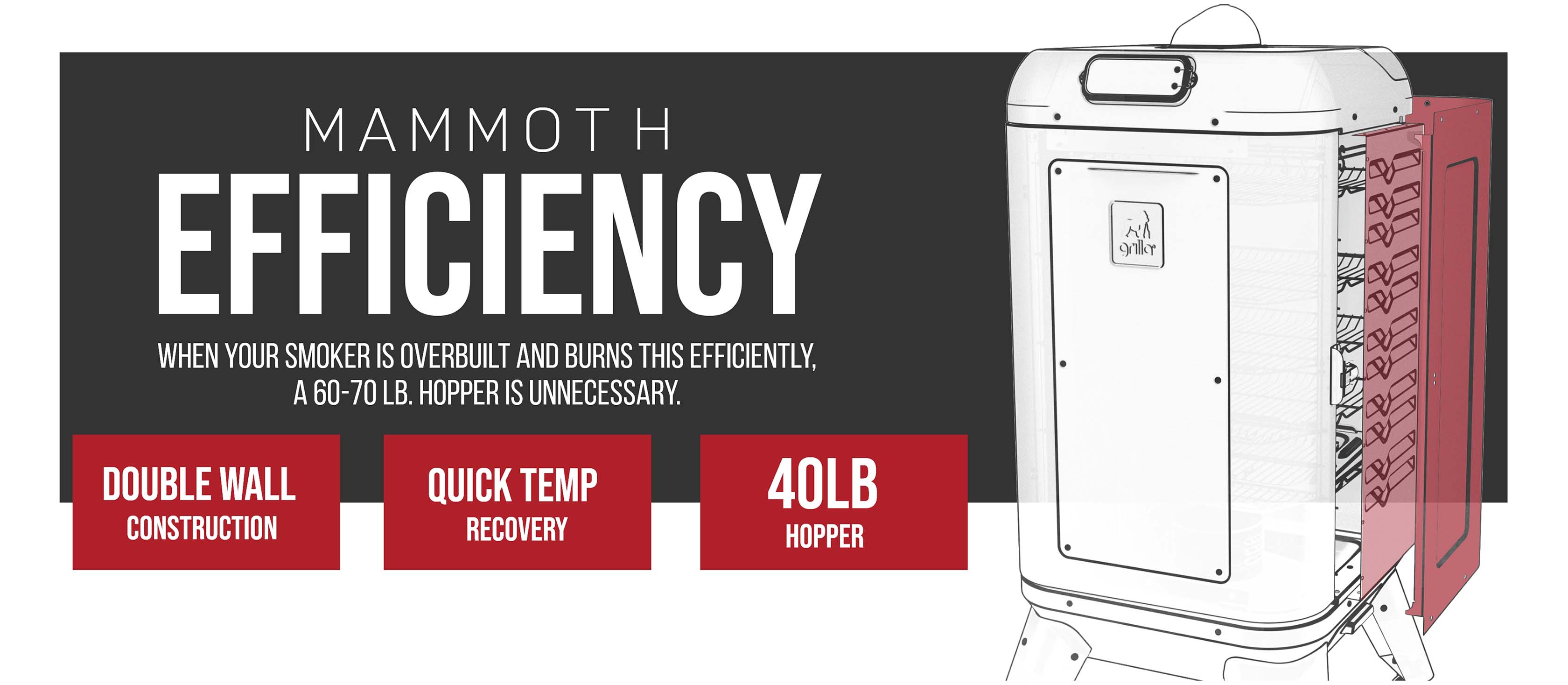Mammoth Efficiency- when your smoker is overbuilt and burns this efficiently, a 60-70 lb hopper is unnecessary. Double wall construction, quick temp recovery, 40lb hopper 