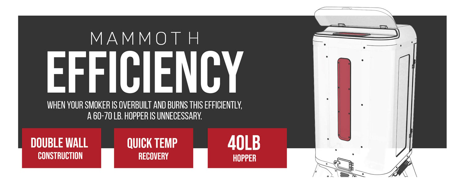 Mammoth Efficiency- when your smoker is overbuilt and burns this efficiently, a 60-70 lb hopper is unnecessary. Double wall construction, quick temp recovery, 40lb hopper 